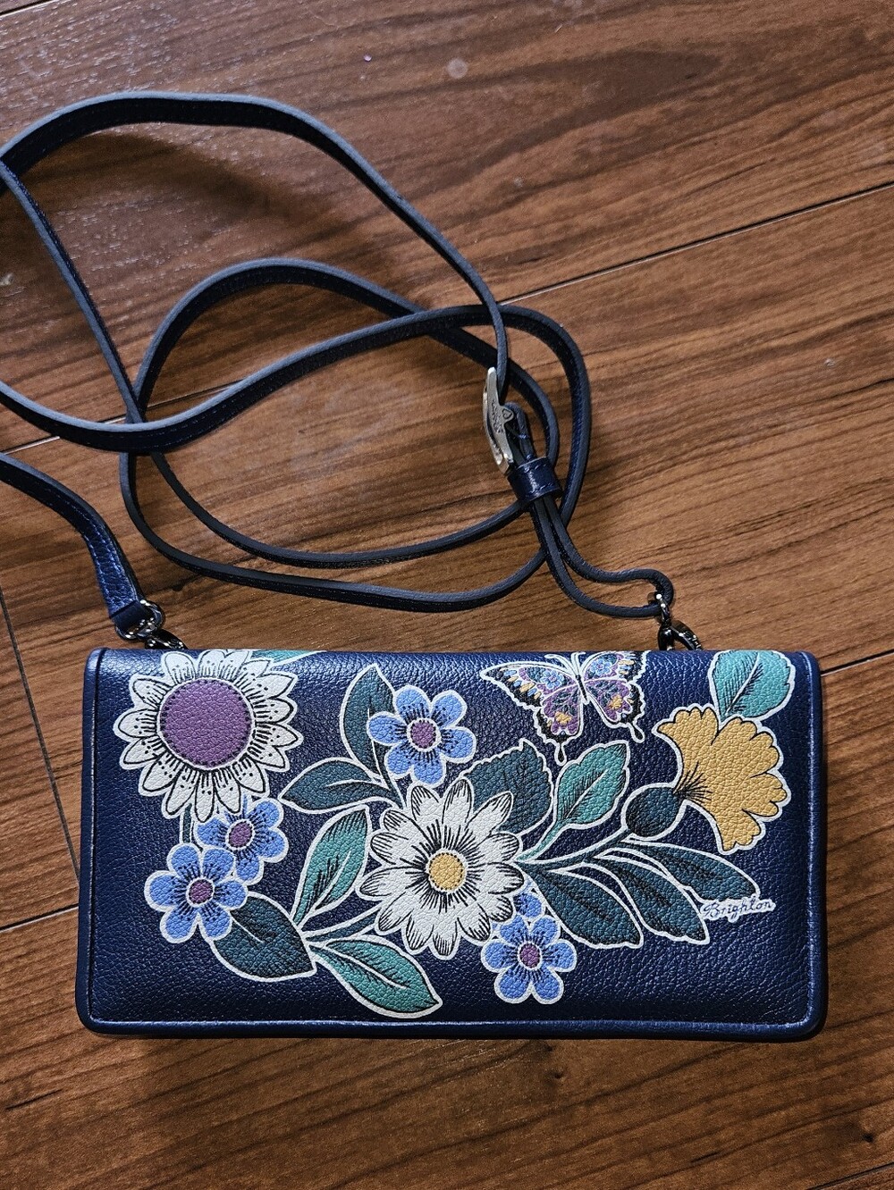 Brighton Crossvody Women’s Navy Floral Crossbody Wallet - Floral Embossed Design